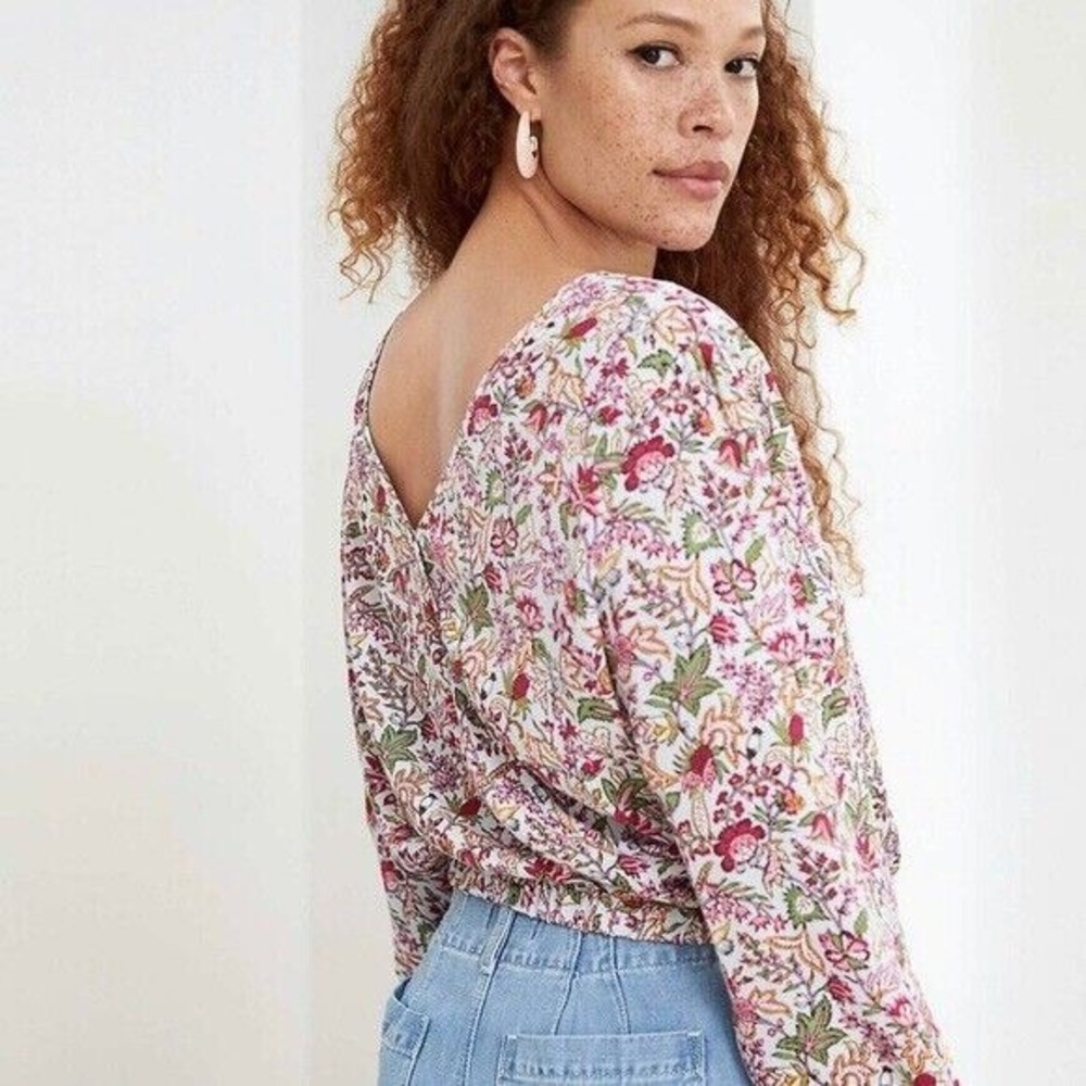 LOFT Blouse Womens MP Multicolor Botanical Floral Open Back 3/4 Sleeve NWT $59